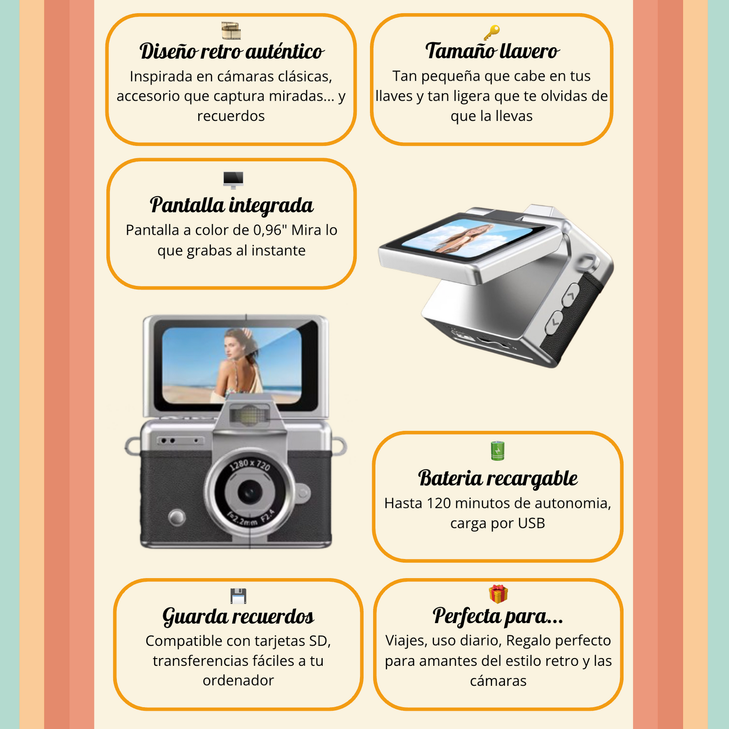 Diseño y funciones de la mini cámara retro vintage